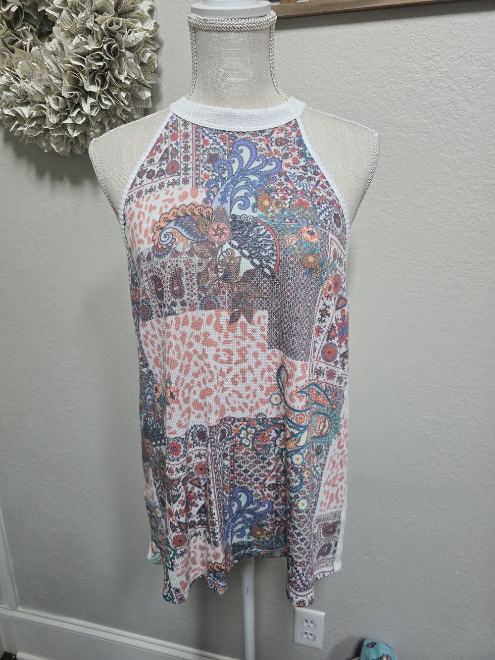 Women’s Paisley Patchwork Halter Tank Top in Coral and Blue